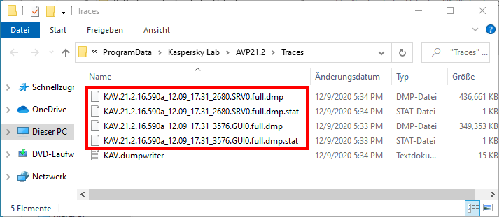 Dump-Dateien des Prozesses AVP.EXE auf Windows 10