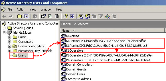 Löschen überflüssiger Gruppen im Snap-in „Active Directory Users and Computers“.