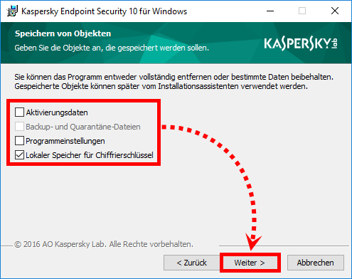 Das Fenster „Speichern von Objekten“ bei der Deinstallation von Kaspersky Endpoint Security 10 für Windows