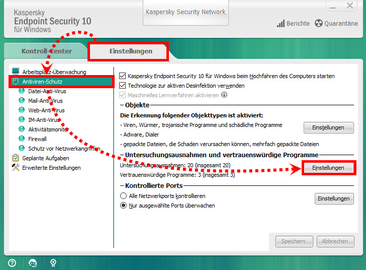 Die Registerkarte „Einstellungen“ im Hauptfenster von Kaspersky Endpoint Security 10 für Windows