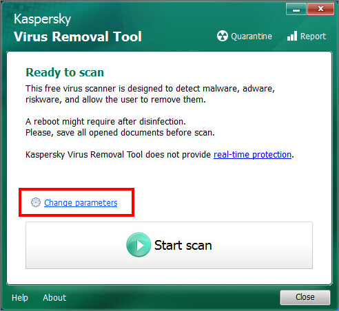 Das Hauptfenster von Kaspersky Virus Removal Tool