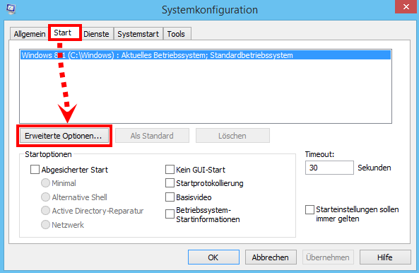 Das Fenster „Systemkonfiguration“ in Windows 8.1