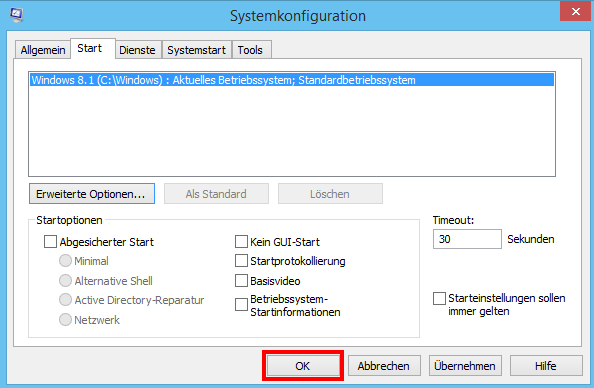 Das Fenster „Systemkonfiguration“ in Windows 8.1