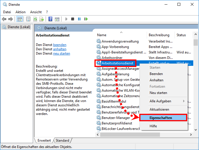 Öffnen der Eigenschaften des Dienstes „Arbeitsstation“ in Windows 10