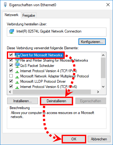 Löschen von Client for Windows Networks in Windows 10
