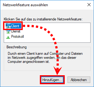 Das Fenster „Netzwerkfeature auswählen“ in Windows 10