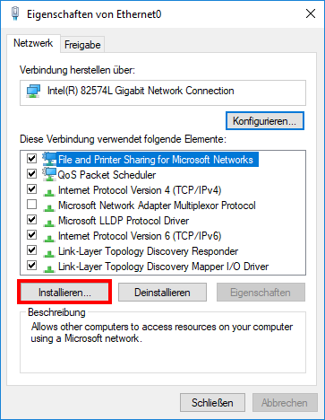 Installation von Client for Microsoft Networks in Windows 10