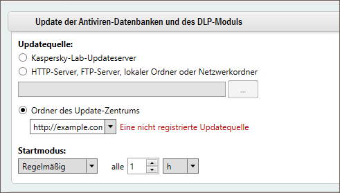 Das Fenster „Update der Antiviren-Datenbanken und des DLP-Moduls“ in Kaspersky Security 9.x für Microsoft Exchange Server