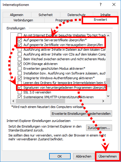 Das Fenster „Internetoptionen“ im Browser Internet Explorer