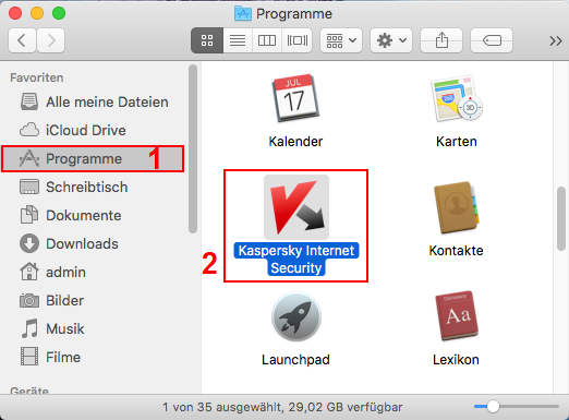 Abbildung: Öffnen von Kaspersky Internet Security 16 für Mac über den Finder