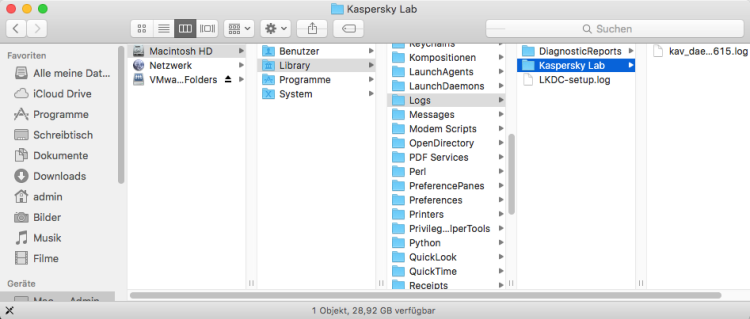 Abbildung: Der Speicherordner der Protokolldateien von Kaspersky Internet Security 16 für Mac