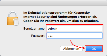 Abbildung: Eingabe des Kennworts des Administrators für die Entfernung von Kaspersky Internet Security 16 für Mac