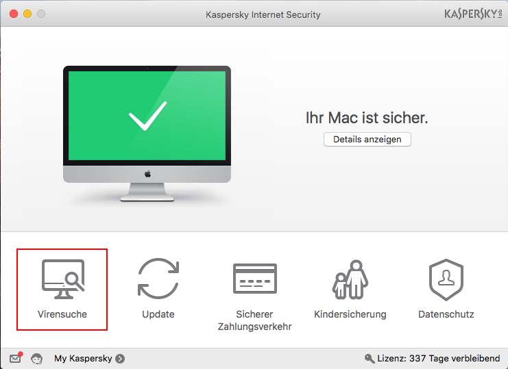 Abbildung: Start der Untersuchung in Kaspersky Internet Security 16 für Mac