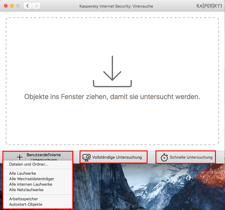 Abbildung: Auswahl des Untersuchungstyps in Kaspersky Internet Security 16 für Mac 