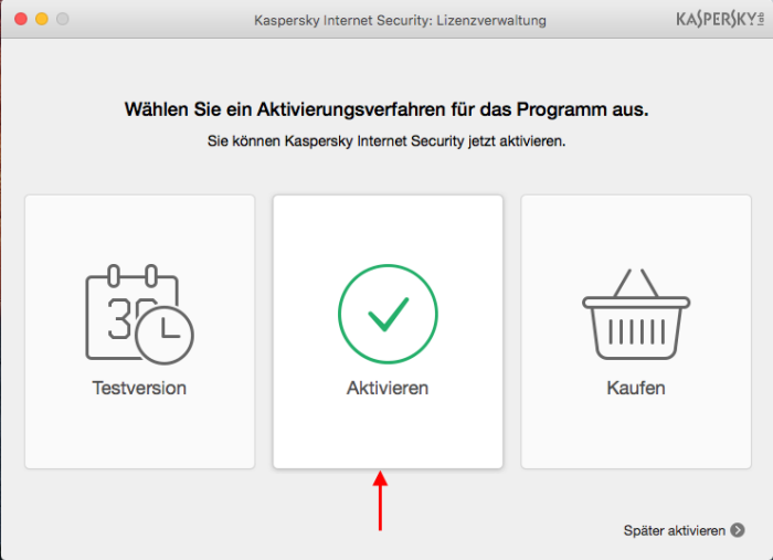 Um die vollständige Version von Kaspersky Internet Security 16 für Mac zu nutzen, klicken Sie auf „Aktivieren“