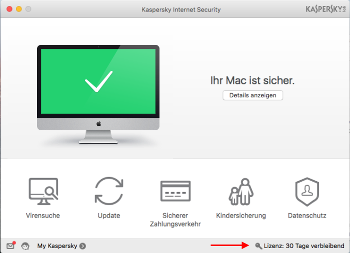 Um die vollständige Version von Kaspersky Internet Security 16 für Mac zu nutzen, klicken Sie auf den Link „Lizenz“ im Hauptfenster des Programms