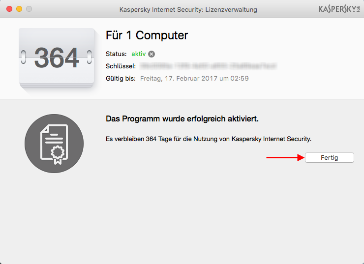 Kaspersky Internet Security 16 für Mac ist jetzt aktiv. Aktualisieren Sie die Datenbanken und starten Sie die Untersuchung des Computers