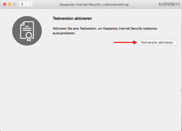 Um die Testversion von Kaspersky Internet Security 16 für Mac zu nutzen, klicken Sie auf „Testversion aktivieren“