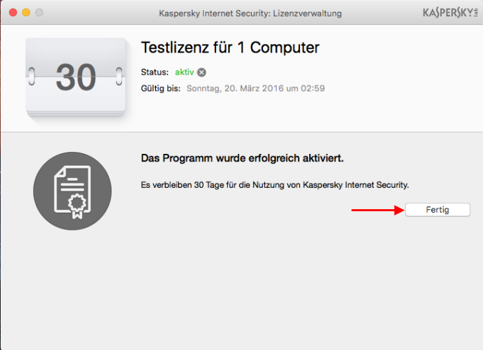 Die Testversion von Kaspersky Internet Security 16 für Mac ist aktiv