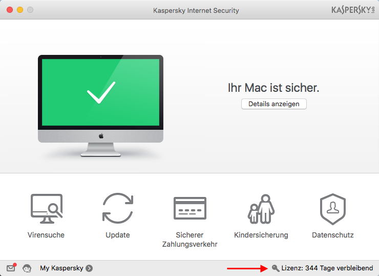 Abbildung: Öffnen des Fensters „Lizenzverwaltung in Kaspersky Internet Security 16 für Mac