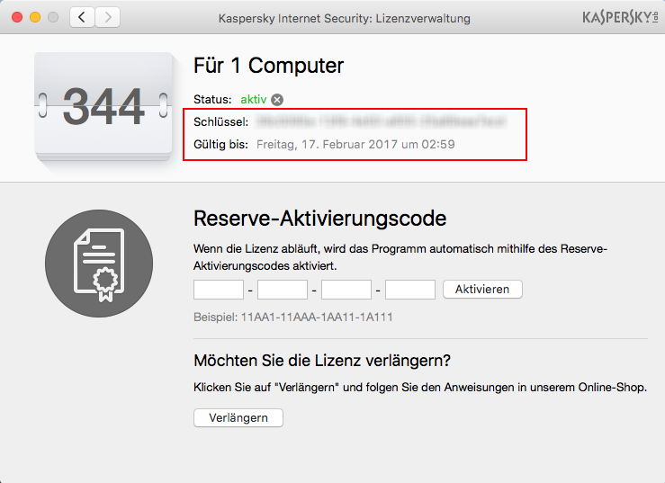Abbildung: Fenster „Lizenzverwaltung“ in Kaspersky Internet Security 16 für Mac
