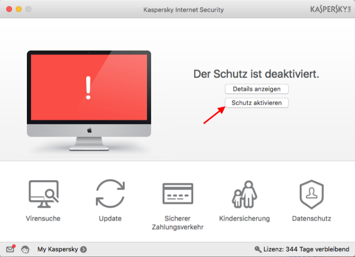 Abbildung: Aktivieren des Schutzes über das Hauptfenster von Kaspersky Internet Security 16 für Mac