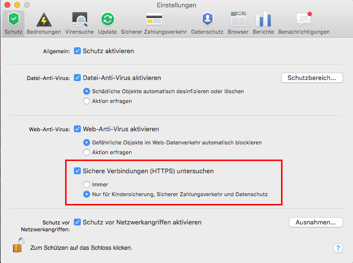 Abbildung: Anpassen der Untersuchung sicherer Verbindungen in Kaspersky Internet Security 16 für Mac