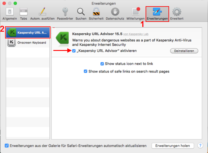 Um den Sicheren Zahlungsverkehr in Kaspersky Internet Security 16 für Mac zu nutzen, aktivieren Sie URL Advisor im Browser Safari