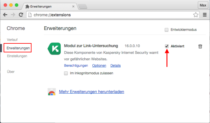 Um den Sicheren Zahlungsverkehr in Kaspersky Internet Security 16 für Mac zu nutzen, aktivieren Sie den Modul zur Link-Untersuchung im Browser Google Chrome