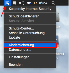 Öffnen Sie die Kindersicherung in Kaspersky Internet Security 16 für Mac über das Menü von OS X