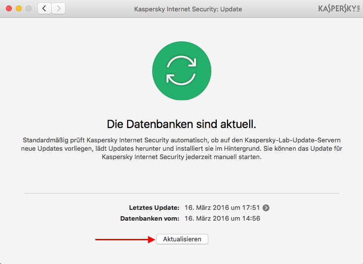 Abbildung: Start des Updates der Antiviren-Datenbanken von Kaspersky Internet Security 16 für Mac