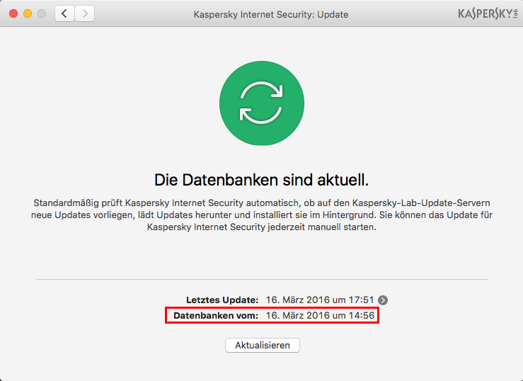 Abbildung: Das Erscheinungsdatum der Antiviren-Datenbanken von Kaspersky Internet Security 16 für Mac