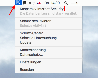 Abbildung: Start von Kaspersky Internet Security 16 für Mac über die Menüleiste von OS X
