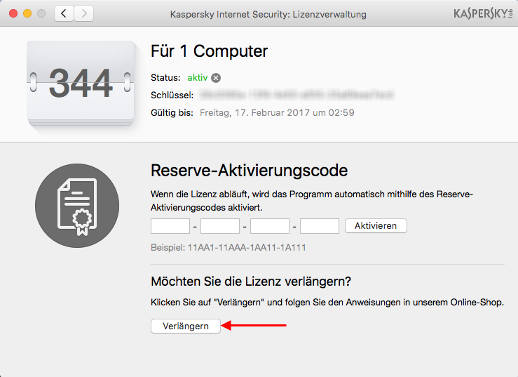 Abbildung: Kauf der Lizenz für Kaspersky Internet Security 16 für Mac mit einem Rabatt