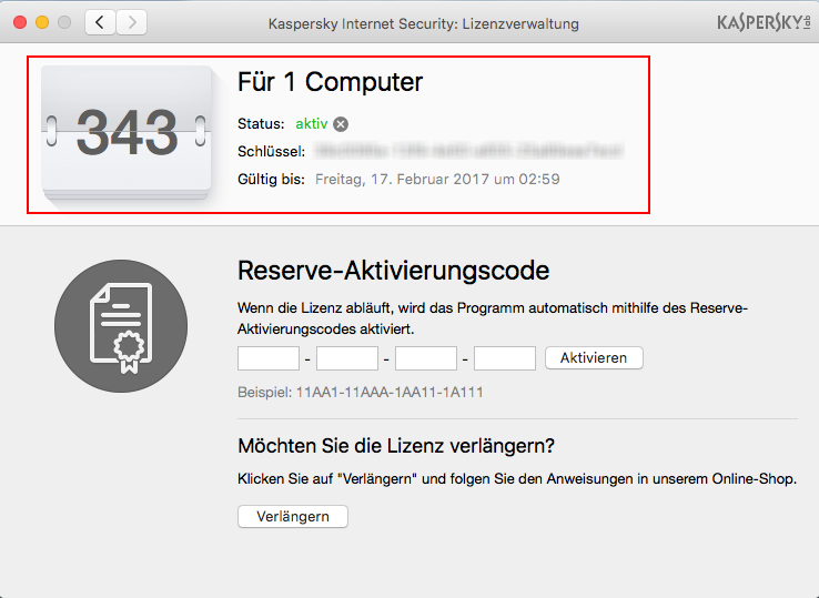 Sie können das Ablaufdatum der Lizenz für Kaspersky Internet Security 16 für Mac im Fenster „Lizenzverwaltung“ abrufen