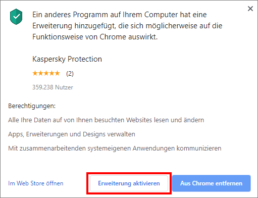 Aktivierung der Erweiterung Kaspersky Protection im Browser Google Chrome