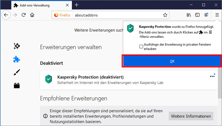 Hinzufügen der Erweiterung Kaspersky Protection im Browser Mozilla Firefox
