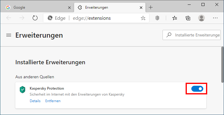 Aktivierung der Erweiterung Kaspersky Protection in Microsoft Edge auf Chromium-Basis