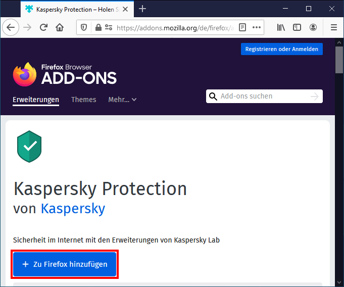 Hinzufügen der Erweiterung Kaspersky Protection im Browser Mozilla Firefox