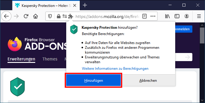 Hinzufügen der Erweiterung Kaspersky Protection im Browser Mozilla Firefox 