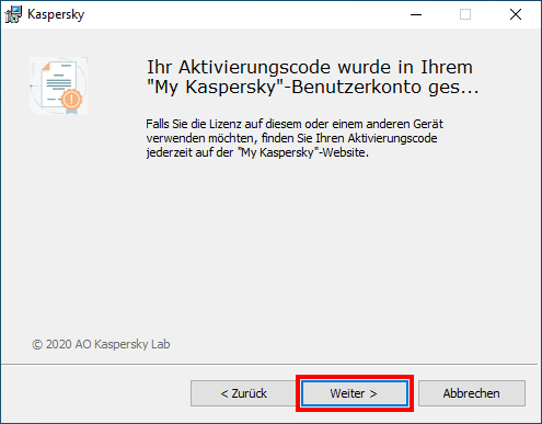 Das Fenster „Ihr Aktivierungscode wurde in My Kaspersky gespeichert“.