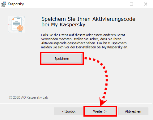 Das Fenster „Speichern Sie Ihren Aktivierungscode bei My Kaspersky“.