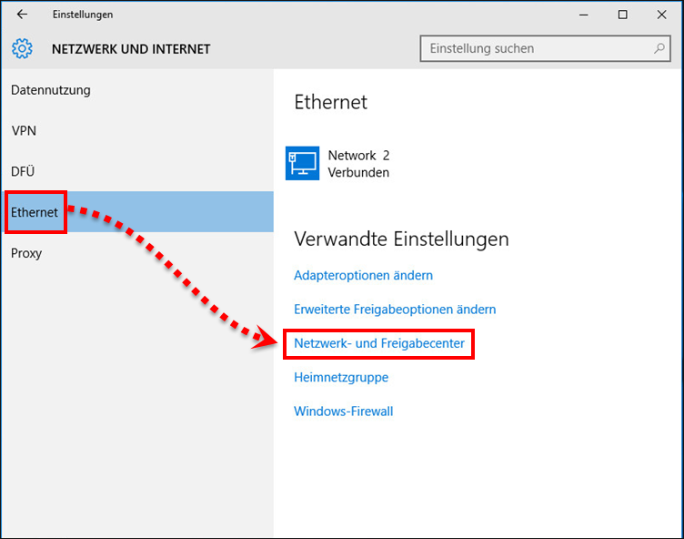 Öffnen des Netzwerk- und Freigabecenter in Windows 10