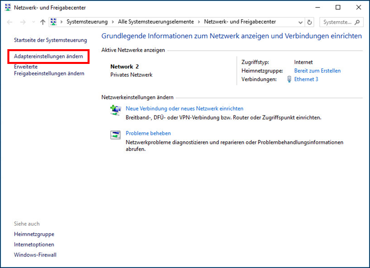 Öffnen der Adaptereinstellungen in Windows 10