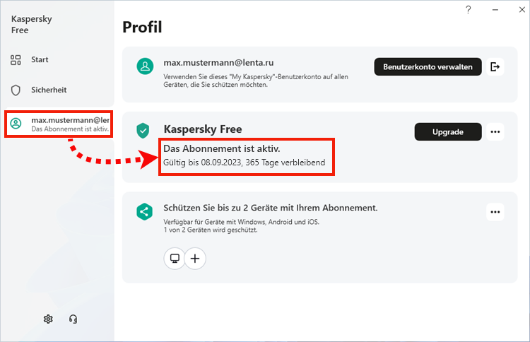 Das Fenster „Profile“ in Kaspersky Free