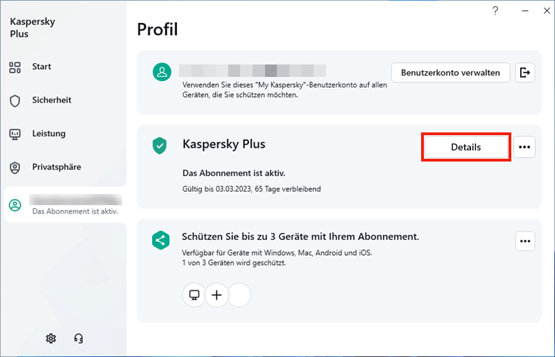 Das Fenster „Profil“ in einer Kaspersky-App