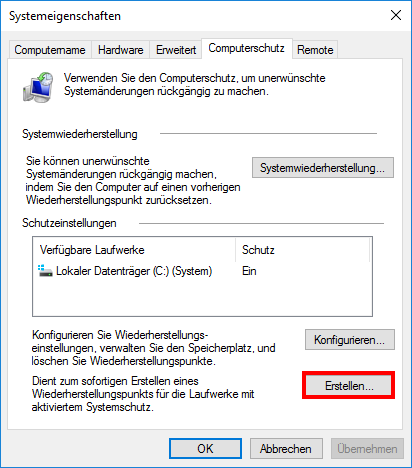 Das Fenster „Systemeigenschaften“ in Windows 10.