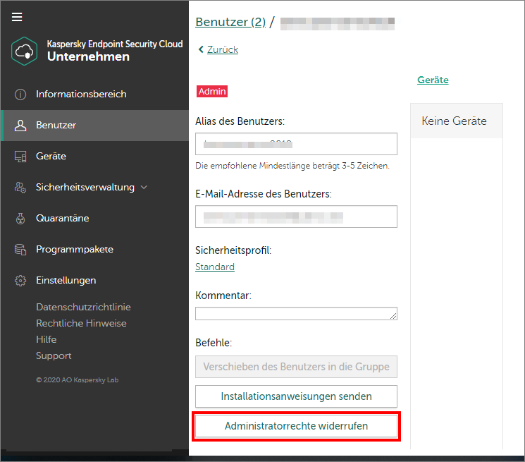 Arbeitsbereich in Kaspersky Endpoint Security Cloud
