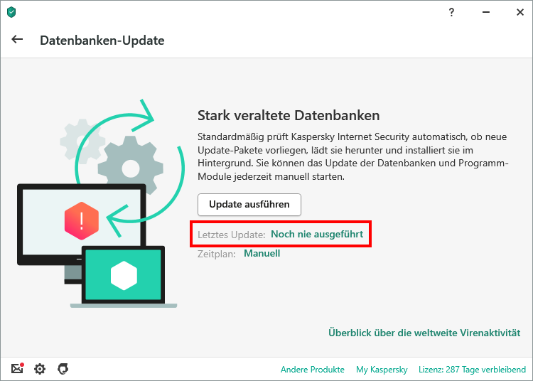 Das Fenster „Datenbanken-Update“ in einer Kaspersky-App