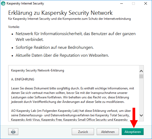 Das Fenster „Erklärung zu Kaspersky Security Network“